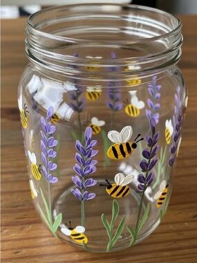Hand-Painted Lavender & Bee Glass Jar